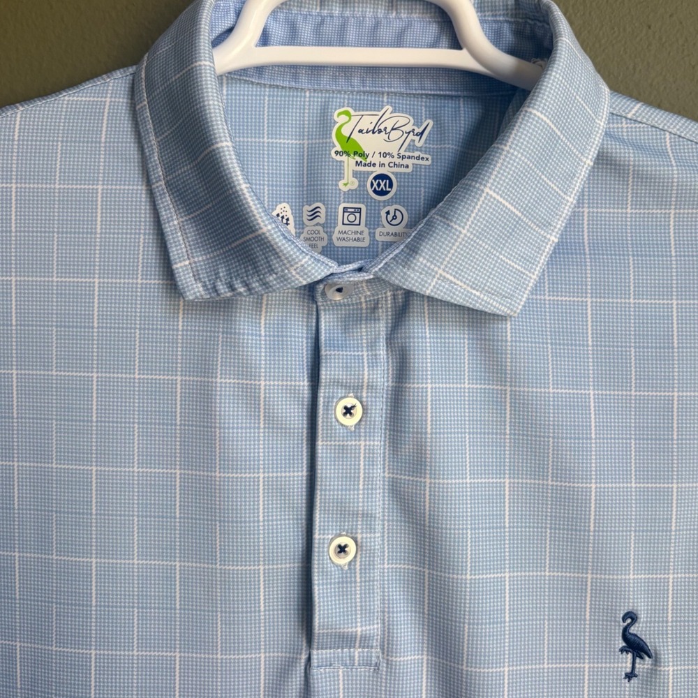 TailorByrd Mens XXL Blue Windowpane Plaid Performance Golf Polo Shirt Flamingo